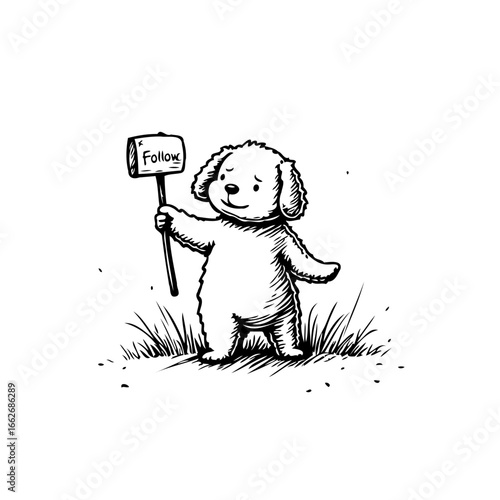 An adorable fluffy dog character holding up a sign with the word follow urging viewers to