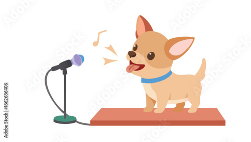 Cartoon chihuahua singing into a microphone on a stage with musical notes floating around its head area