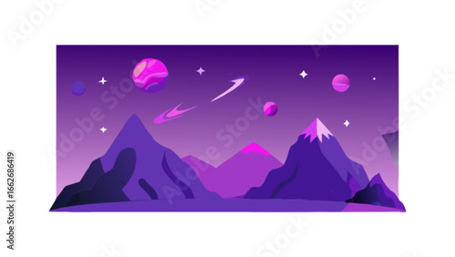 Aesthetic purple space landscape with mountains planets stars and comets in a dreamy vector illustration