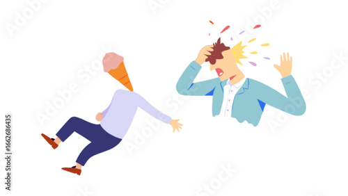 Person hit by ice cream cone while another person reacts in shock and surprise on a white background