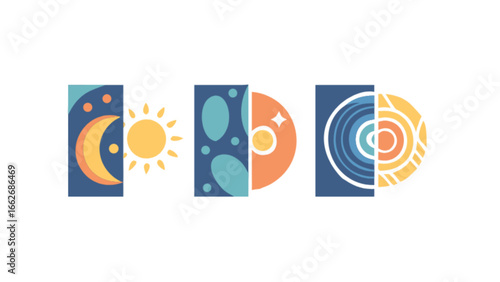 Illustration of celestial bodies and earth's layers in geometric style with split color scheme