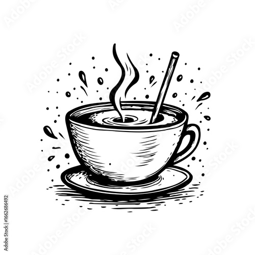 Artistic depiction of steaming coffee in a cup with saucer featuring stylized lines and patterns