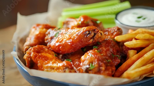 Appetizing chicken wings with french fries and dipping sauce