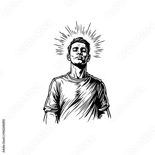 Captivating illustration of a radiant man with closed eyes invoking introspection spiritual power