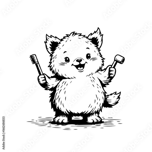 Cartoon adorable cat holding toothbrush and dental mirror promoting oral health and hygiene