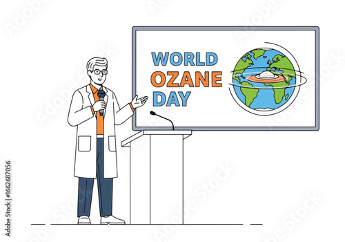 A scientist gives a presentation at a podium for World Ozone Day, with a screen showing the Earth's ozone layer.