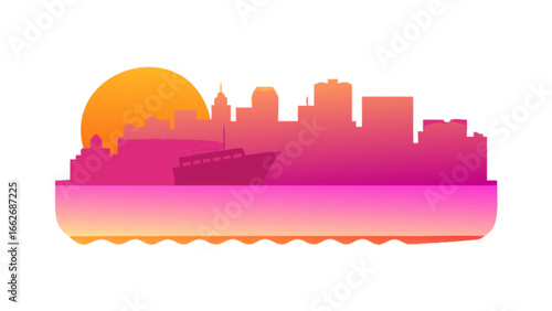 Silhouette of a city skyline with a boat and a sunset in pink and orange gradient colors
