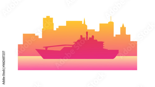 Silhouette of a cruise ship sailing in front of a city skyline during a vibrant sunset gradient scene