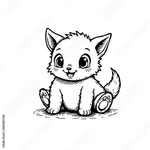 Charming illustration of a delightful cartoon wolf cub radiating innocence and playful curiosity