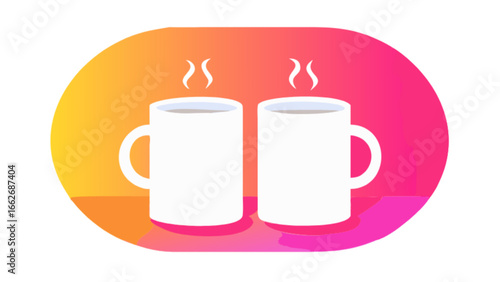 Two steaming white mugs on a gradient oval background with orange and pink hues creating a warm ambiance