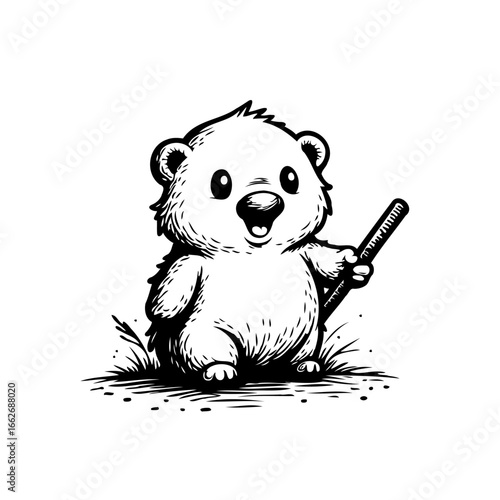 Charming monochrome illustration of a cheerful bear cub holding a stick adds playful character