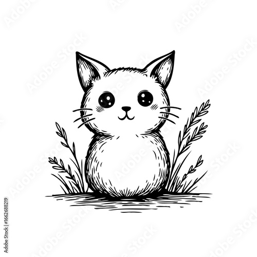 Charming whimsical feline sketch amidst grassy tufts evoking innocence and a gentle stylized