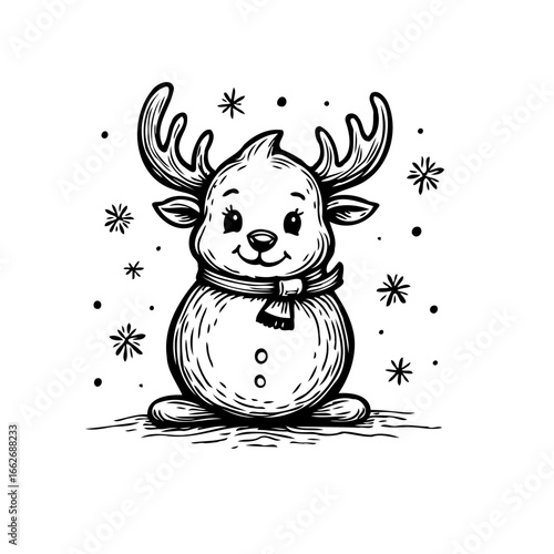 Charming whimsical reindeer snowman illustration conjures feelings of holiday cheer and festive