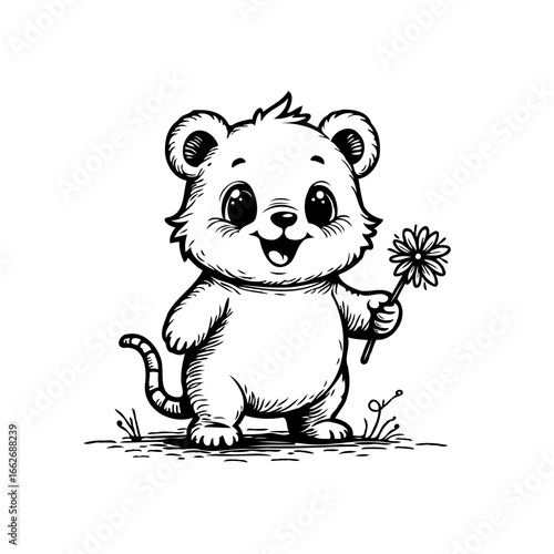 Cheerful animated mouse character holding a flower creates a sense of innocence and whimsy