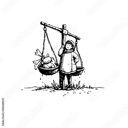 Childhood balances: A whimsical illustration of a young girl carrying toys on a makeshift scale