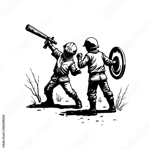 Children's imaginative play with toy sword and shield embodies youthful fantasy games in