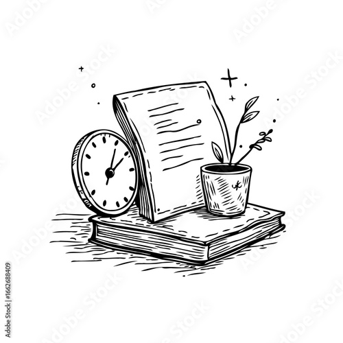 Conceptual hand drawn illustration depicting time management studying and personal growth