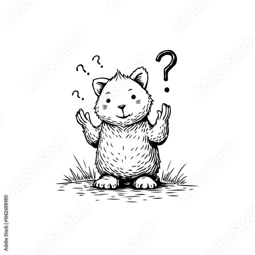 Confused furry creature illustration with questioning marks and curious expression stands alone