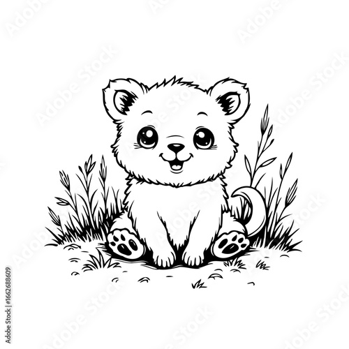 Cute cuddly cartoon cub sitting among foliage radiates innocence ready for storybooks or creative