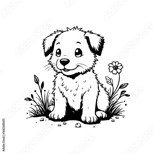 Cute cartoon puppy illustration in monochrome a charming design for children's books and creative