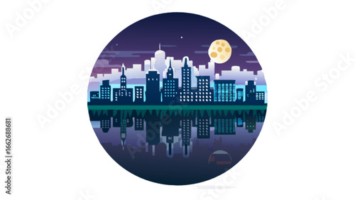 Cityscape silhouette reflected in water under a moonlit sky within a circular graphic design element