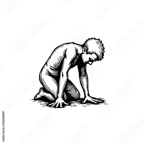 Depiction of a crouched figure rendered in stark monochrome exhibiting profound emotion or deep
