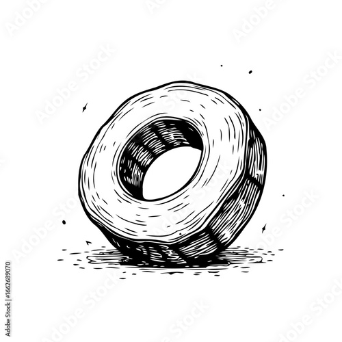 Detailed monochrome drawing showcasing a singular metallic nut depicted in a handcrafted style