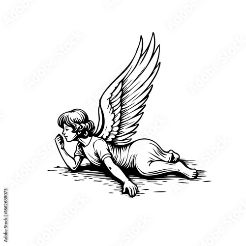 Detailed monochrome drawing portraying a winged cherub lying down with feathers detailed in line