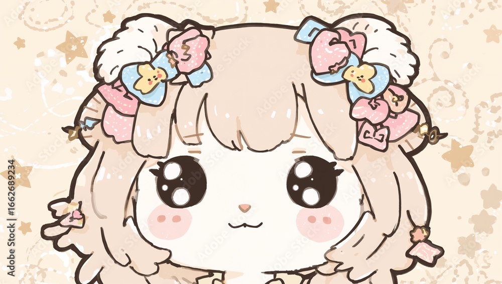 Fototapeta premium Adorable kawaii chibi girl illustration featuring fluffy hair, pastel bows, and sparkling big eyes, drawn within soft beige tones with star accents for the dreamy playful mood