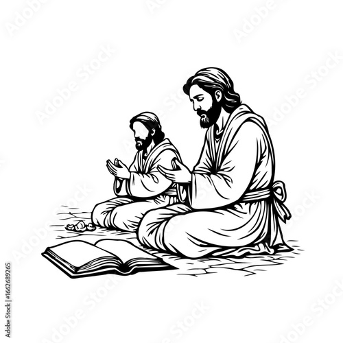 Devout contemplation two figures illustrated kneeling together with prayer book seeking spiritual