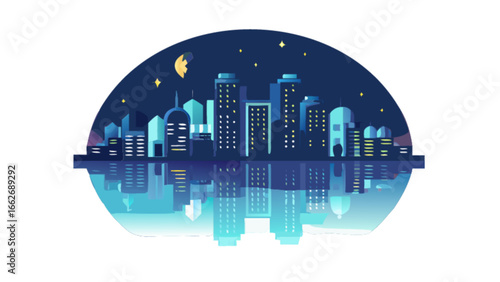 Stylized cityscape at night with moon and stars reflected in water in a semi circular composition