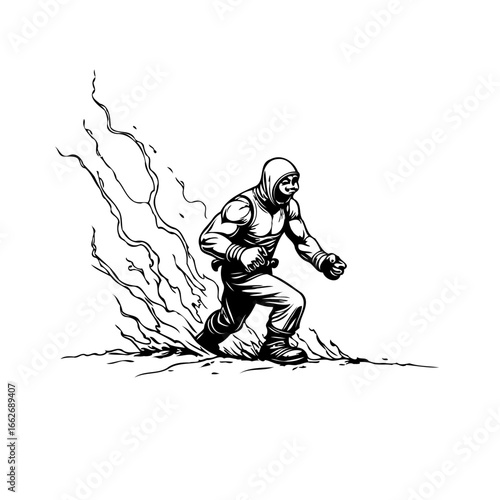 Dynamic hooded figure with forward momentum and abstract smoke trails illustration design sketch