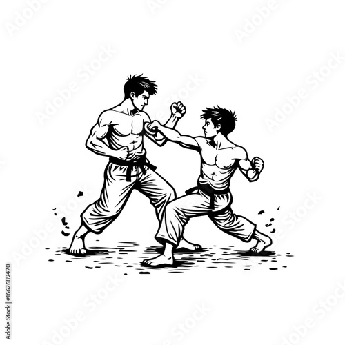 Dynamic illustration showcasing intense martial arts combat between skilled fighters in action