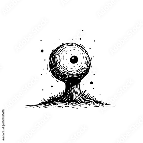 Eerie botanical creature illustration presenting a surreal fusion with a solitary orb eye in the