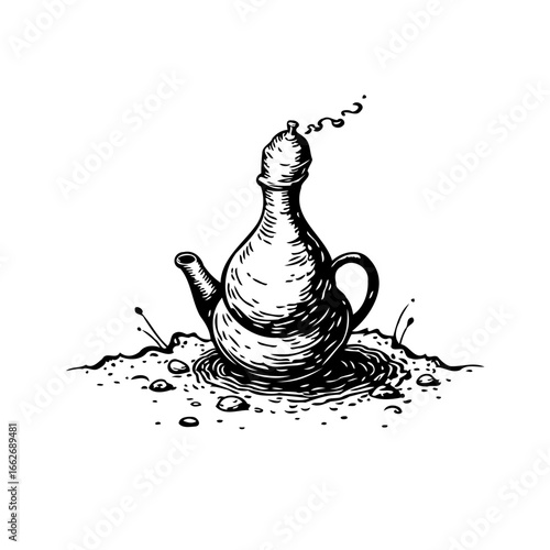 Elaborate ink drawing depicting an old fashioned teapot spouting steam evoking mystical