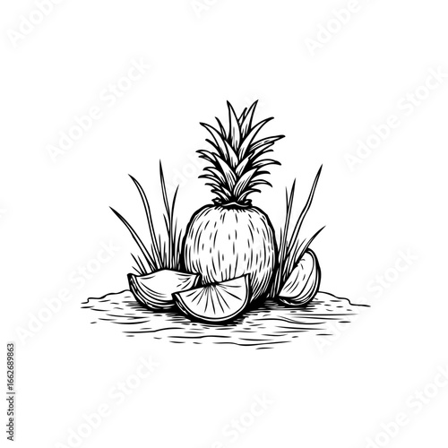 Elegant pineapple arrangement with sliced segments and foliage showcases tropical harvest delight