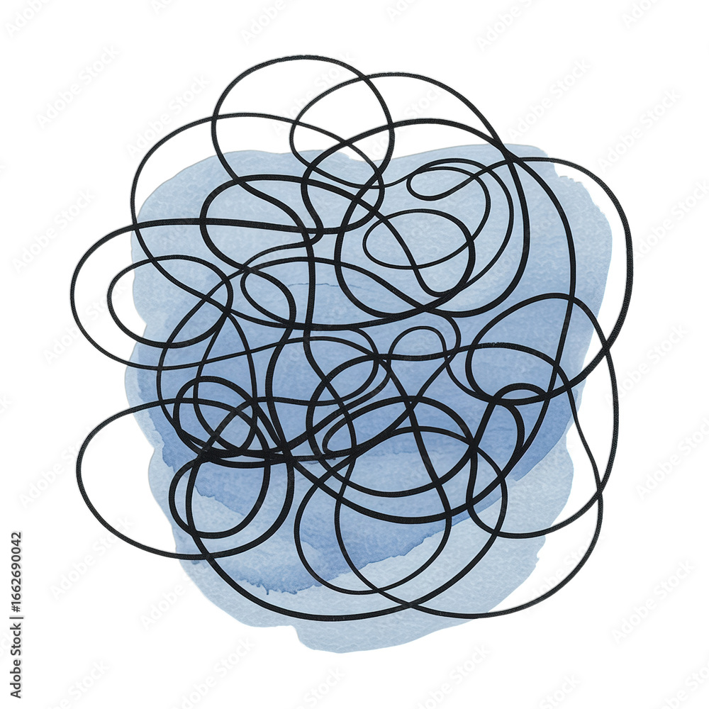 Abstract watercolor blue blob with tangled black line illustration Abstract watercolor blue blob with tangled black line illustration