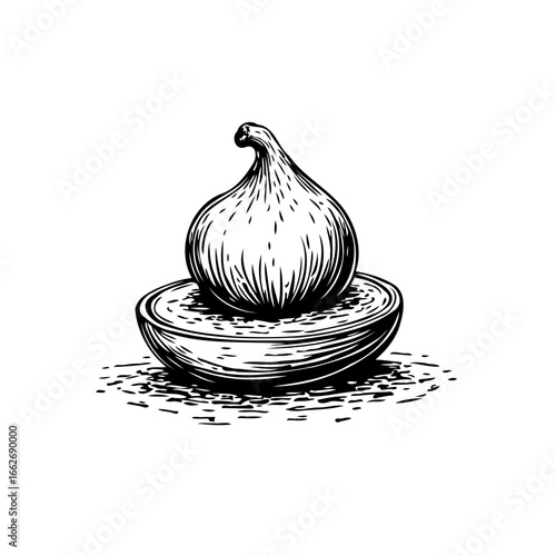 Elegant vintage etching showcases a single onion resting in a halved bowl with delicate detailing