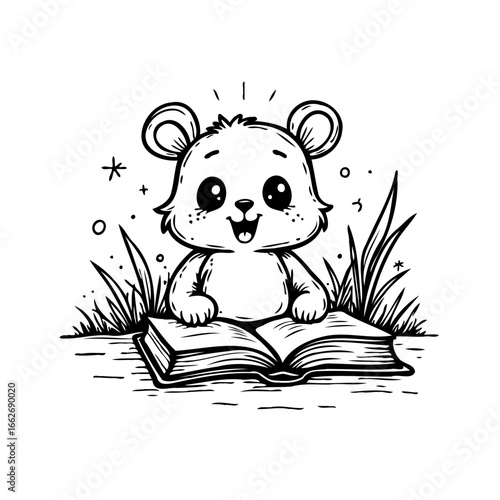 Enchanting illustration of a bear engrossed in literature surrounded by serene natural elements
