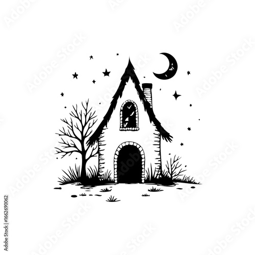 Enchanting nocturnal abode: A whimsical cottage amidst stars and moonbeams under a mystical sky