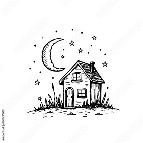 Enchanting night scenery illustration featuring a cozy house under a crescent moon surrounded by