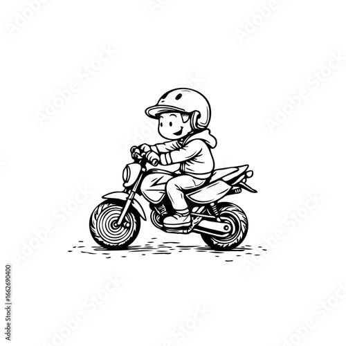 Enthusiastic youngster on small motorcycle enjoying freedom with safety helmet illustration in