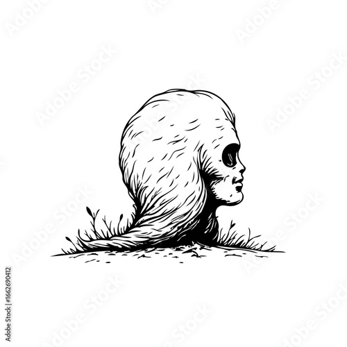 Ethereal visage in monochrome ink illustration, showcasing a surreal beauty in nature's embrace