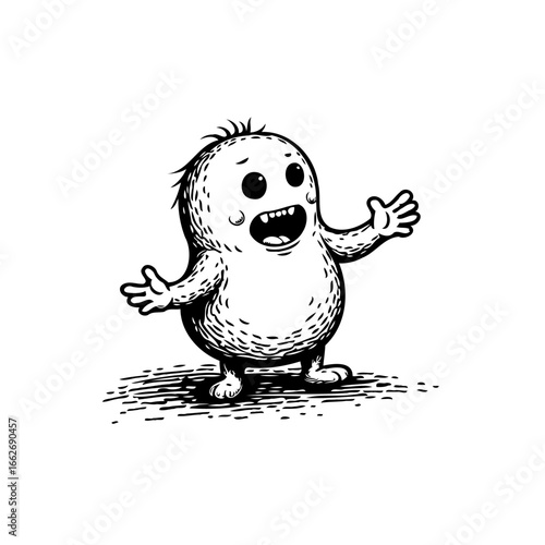 Expressive cartoon creature conveying anxiety a whimsical illustration using artistic linework and