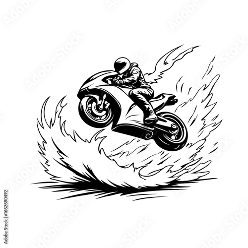 Extreme motorcycle stunt illustration showcasing high-speed action and thrilling maneuver over