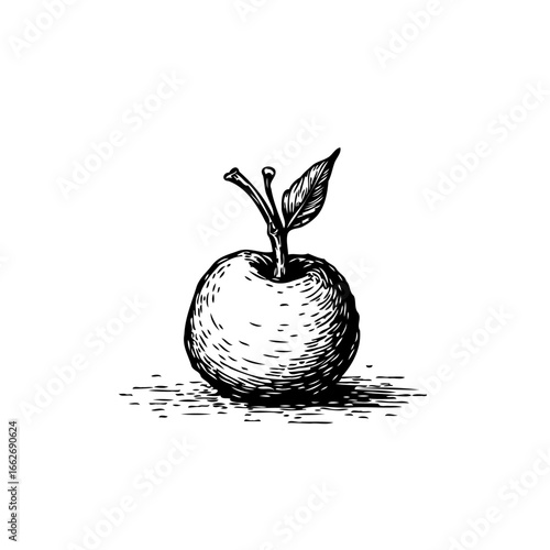 Hand drawn apple illustration with leaf and stem in vintage engraving style shows freshness and