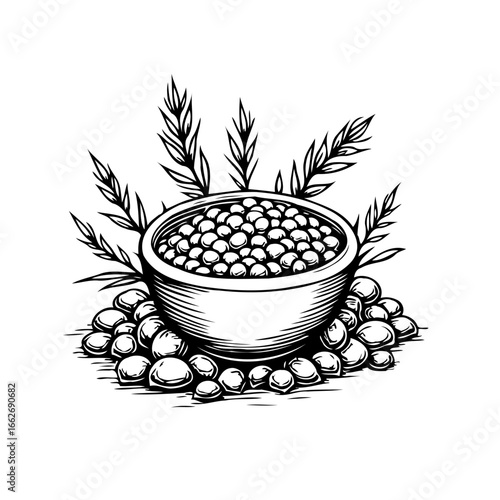 Hand drawn black and white illustration of a bowl full of pearls and leaves arrangement sketch style