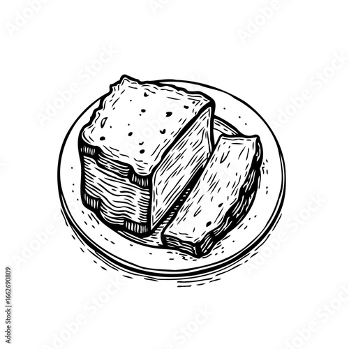 Hand drawn illustration of a layered cake and a slice on a decorative plate showcasing artistic