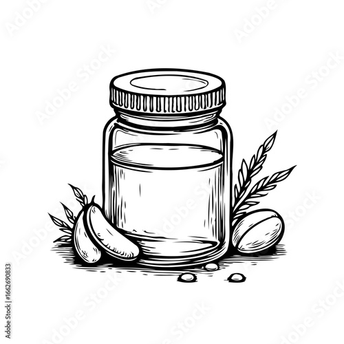 Hand drawn illustration shows clear liquid in a jar with nuts and wheat ingredient elements