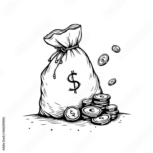 Hand drawn money bag illustration alongside stacked coins symbolizing financial wealth and